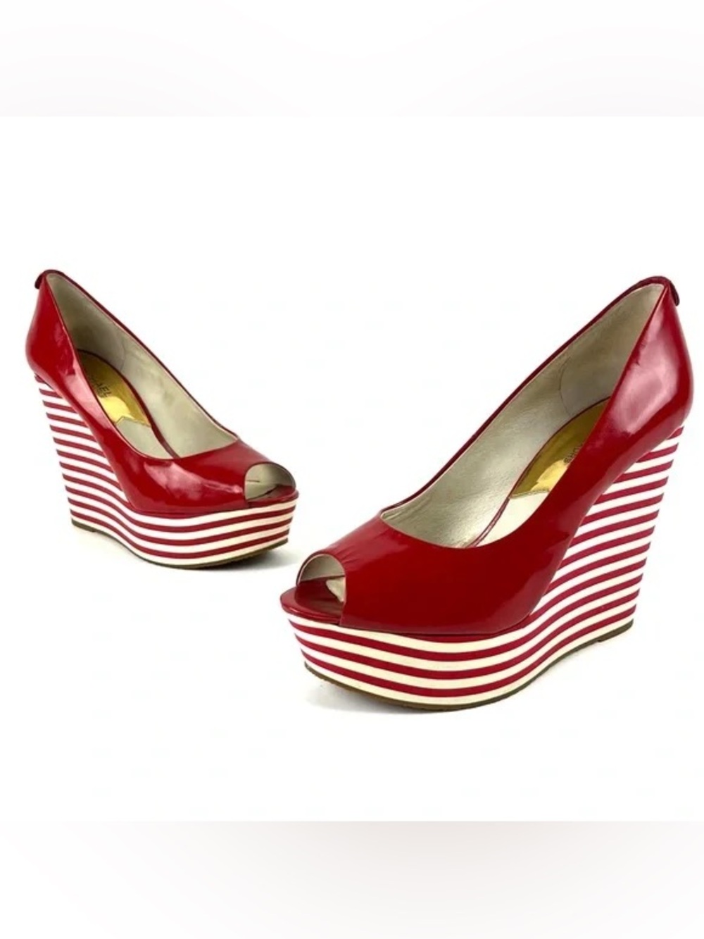 MICHAEL Michael Kors Adalia Red Patent Striped Platform Wedge Heels Size 8 - Picture 2 of 10